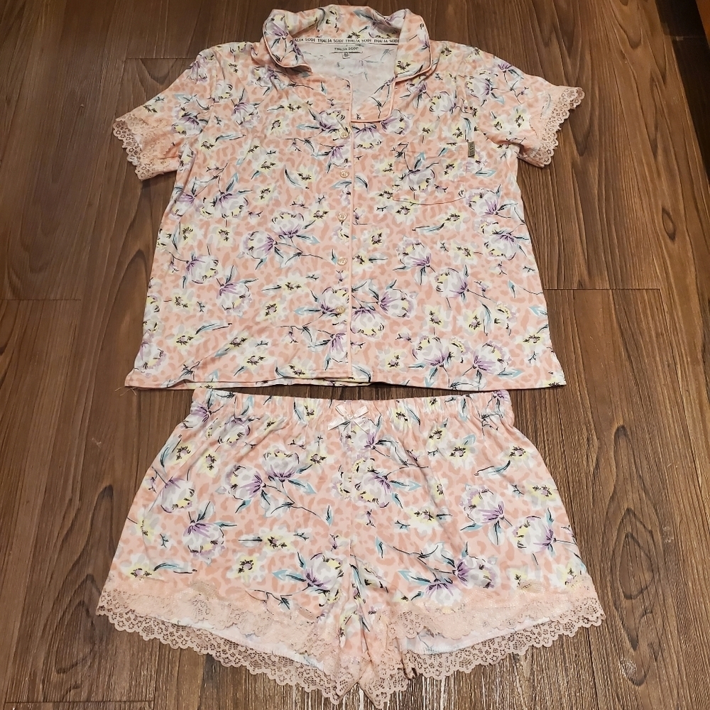 Thalia Sodi Pajamas Matching Set Short Sleeve Button Top Lace Shorts Pastel Pj L